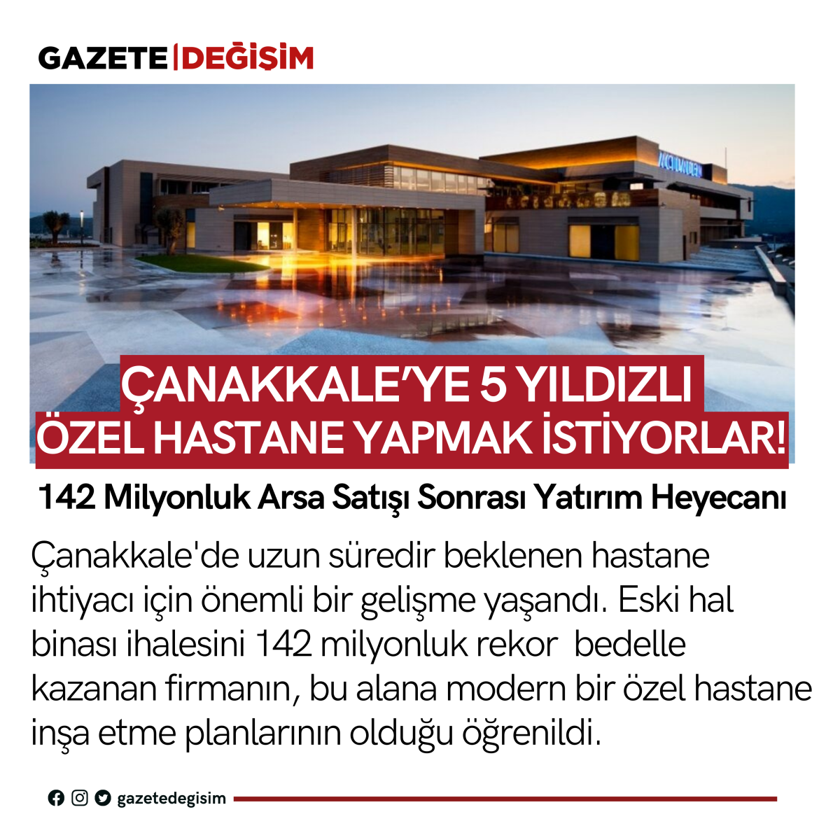 Çanakkale'ye 5 Yıldızlı Özel Hastane Yapmak İstiyorlar