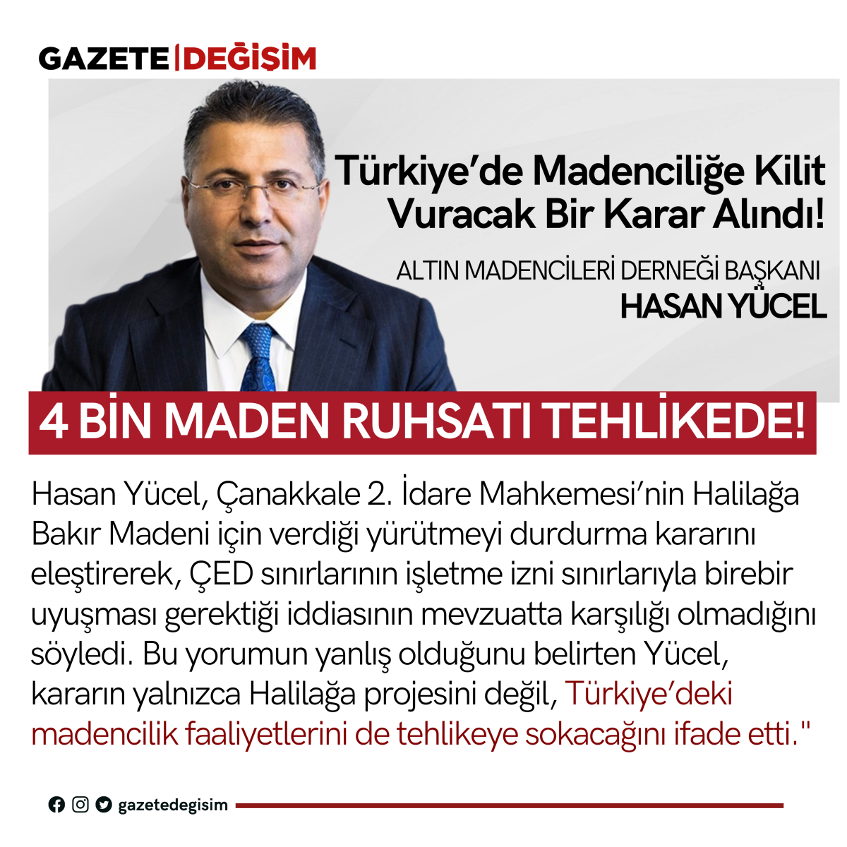 Hasan Yücel’den Türkiye Madenciliğini Tehdit Eden Karara Sert Tepki